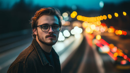A young man with glasses stands thoughtfully beside a busy road during twilightの素材