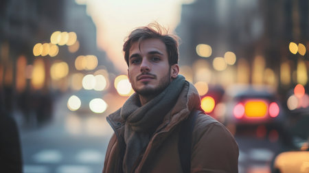 A young man in city street during twilight with blurred lightsの素材