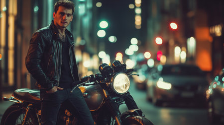 Young man in leather jacket stands beside motorcycle in a city at nightの素材