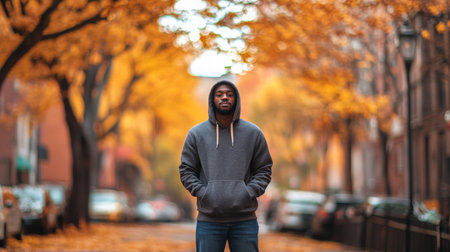 A young black man stands in an autumn street lined with vibrant orange leaves in the cityの素材
