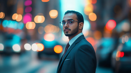 An arab young man in suit stands on a bustling city street at night, illuminated by lightsの素材