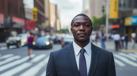Young professional in a suit stands confidently on a busy city street during the dayの素材