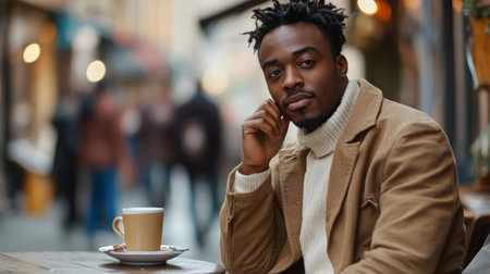 Young man sitting at a cafe table with coffee on a busy street in the afternoon sunの素材