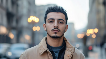 Young man standing confidently in a city street during twilight with glowing streetlightsの素材