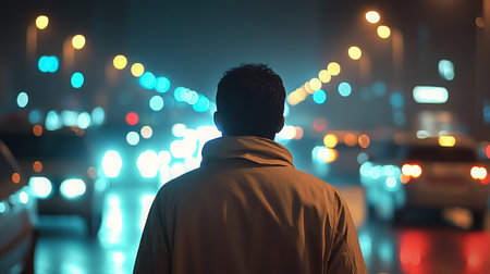 A solitary figure stands at a bustling intersection observing vibrant city lights at nightの素材