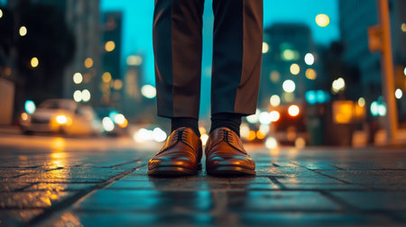 Elegant brown shoes stand on city street at dusk with blurred lights and urban backgroundの素材