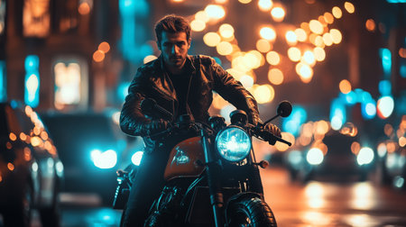 A rider in a leather jacket revs their motorcycle in city illuminated by night lightsの素材