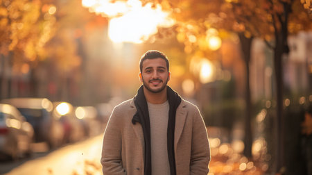 Young man standing on a tree-lined street during autumn in soft golden lightの素材