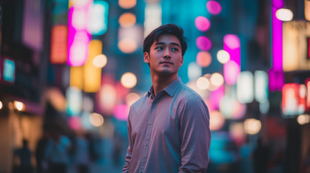 A young man stands confidently in vibrant street filled with colorful lightsの素材