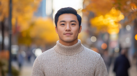 A young asian man wearing a sweater stands confidently in a vibrant autumn city streetの素材
