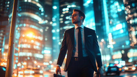 A businessman strides confidently through a lit modern city, surrounded by skyscrapersの素材