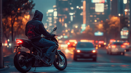 A rider waits at city intersection during evening rush hour under glowing street lightsの素材