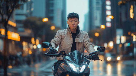 A young asian man rides a motorcycle through a bustling urban street at duskの素材