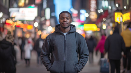 A young black man stands confidently on bustling city street filled with vibrant lightsの素材