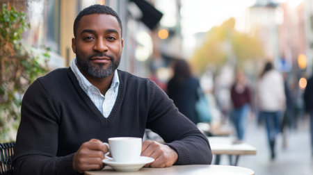 Young man enjoying coffee at a quaint cafe on a bustling street during a sunny dayの素材