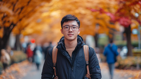 A young man enjoying walk through a vibrant autumn park filled with colorful leavesの素材