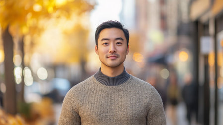 A young man stands in bustling urban street lined with autumn trees and golden leavesの素材