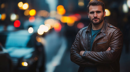 A man in a leather jacket stands on busy city street at night surrounded by trafficの素材