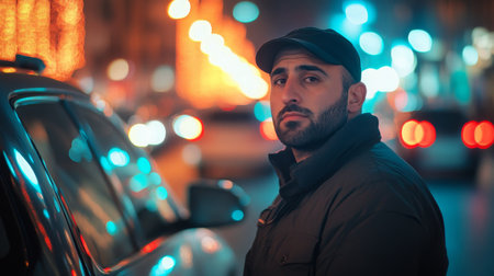 Man in a cap stands beside a car, illuminated by city lights at nightの素材
