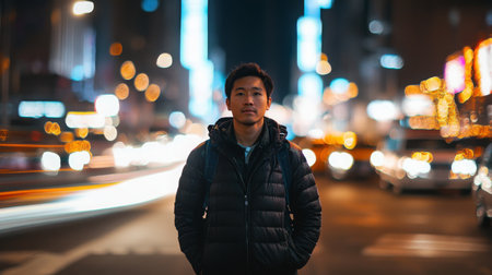 A young man standing confidently in bustling city street illuminated by lights at nightの素材