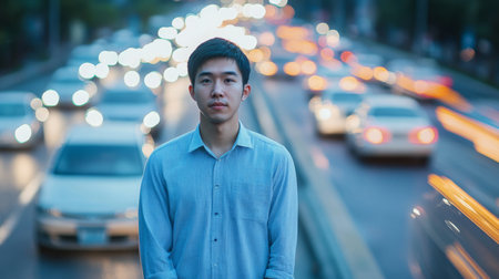 Young man standing on a busy street as cars pass by during twilight in an urban areaの素材