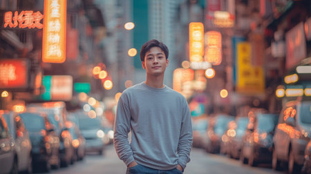 Young man standing confidently on bustling street filled with colorful lights at twilightの素材