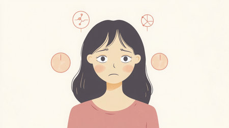 A woman looks concerned as shes surrounded by clocks, graphs, and chartsの素材