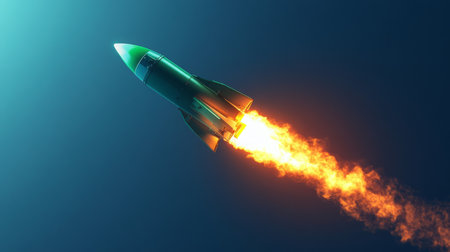 Rocket launching upward into the clear blue sky with a powerful flame trail at duskの素材