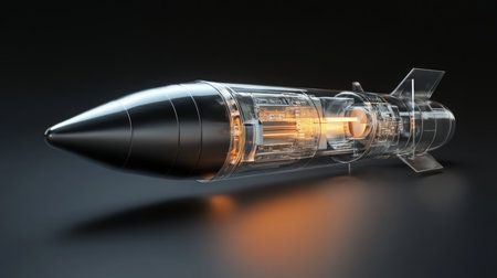 A transparent missile with an orange glow sits on a black surfaceの素材