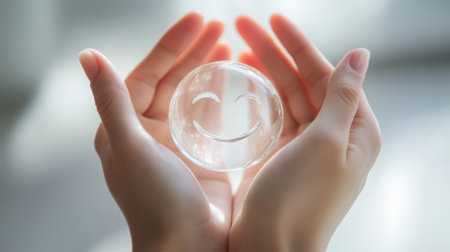 Two hands holding a clear smiley face object in a bright and serene indoor environmentの素材