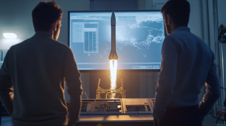 Two engineers observe the launch of miniature rocket in a high-tech control room at nightの素材