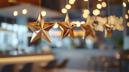 Golden star decorations hanging indoors with blurred background lights in a modern spaceの素材