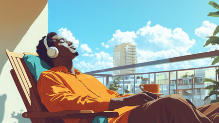 Relaxing on a sunny balcony with headphones and a warm drink in the afternoonの素材