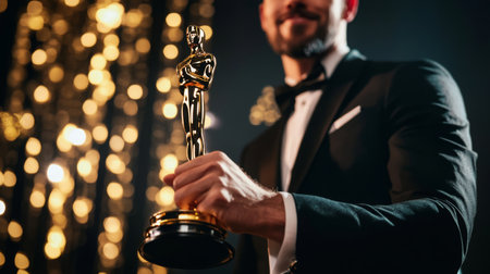 A man in a tuxedo holds a golden award statueの素材