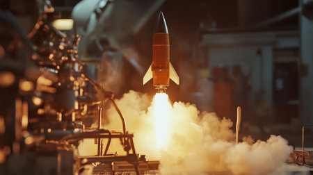 Small rocket launch from a laboratory during evening with smoke and bright flamesの素材