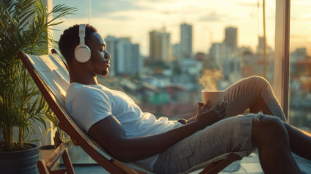 Relaxing young man enjoying coffee and music on a balcony at sunset overlooking the cityの素材