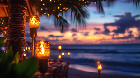 Romantic seaside dining at sunset with glowing lanterns and serene ocean viewの素材