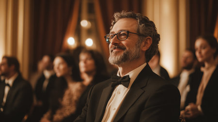 A man in a tuxedo and glasses smiles at the speaker during a formal eventの素材