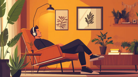 A man relaxes in a chair while listening to music in a cozy living roomの素材