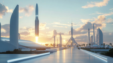 Future city skyline at sunset featuring rockets launching and modern architectureの素材
