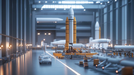 A large rocket is being prepared for launch in a hangarの素材