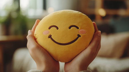 Bright yellow smiley face plush held by hands indoors with soft lighting in a cozy spaceの素材