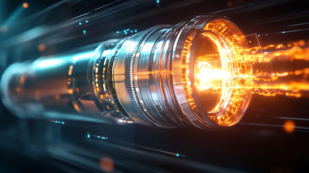 A futuristic device glows brightly as it fires energy beamsの素材
