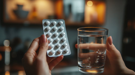 Person holding a blister pack of pills and a glass of water in a cozy kitchen settingの素材