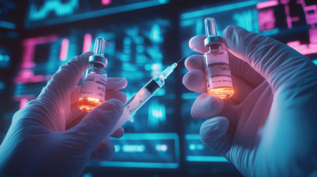 Two vials of vaccine are held in gloved hands with a syringe in front of a screenの素材