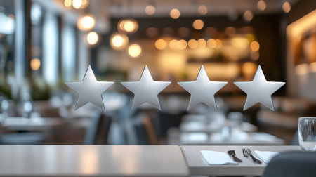 Four silver stars are displayed on a window in a restaurantの素材