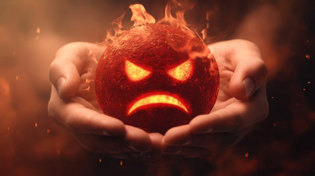 An intense portrayal of anger with a fiery orb held in hands against a dark backgroundの素材