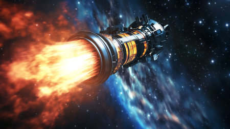 Rocket engine ignites with powerful flames against a starry backdrop in deep spaceの素材
