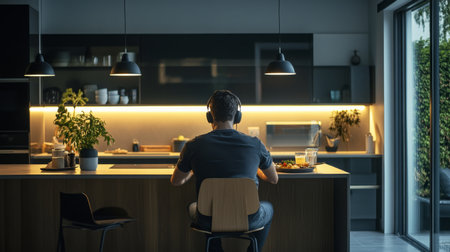 A person enjoying a quiet evening at home in a modern kitchen while listening to musicの素材
