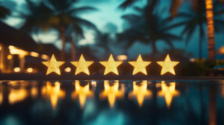 Glowing five-star rating reflected in tranquil water at a tropical resort during twilightの素材